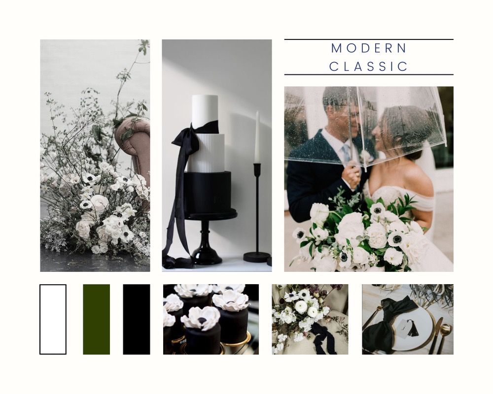 Design board titled Modern Classic: black, white and green with white florals