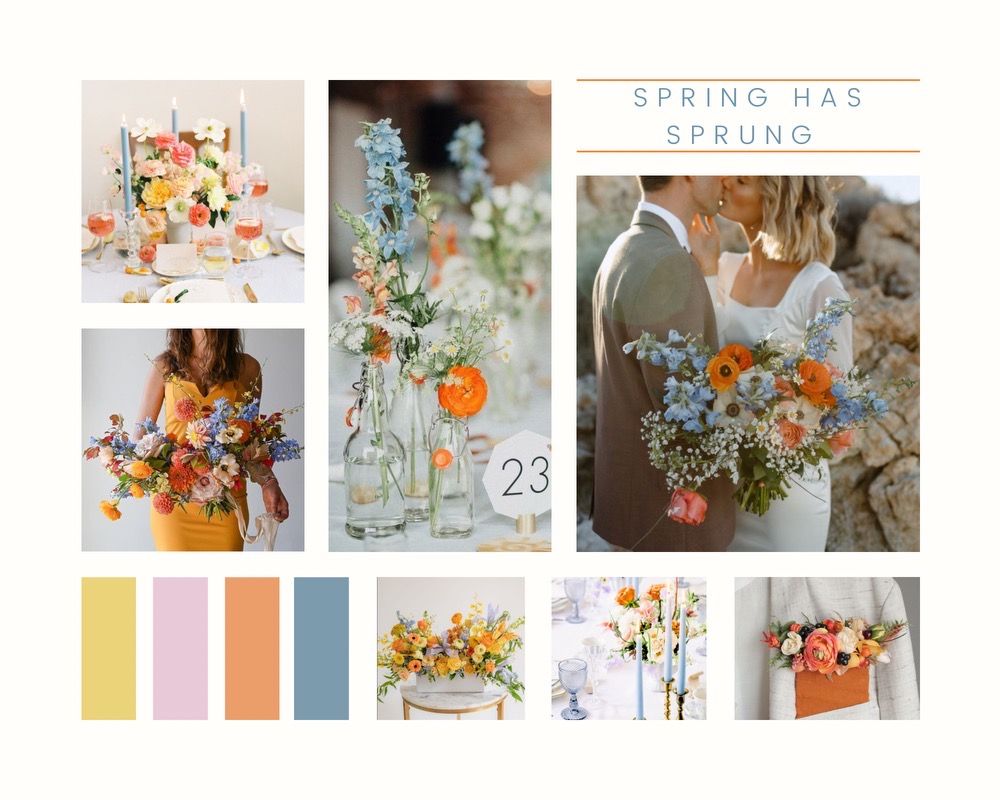 Design board titled Spring Has Sprung: yellow, coral and blue with seasonal florals